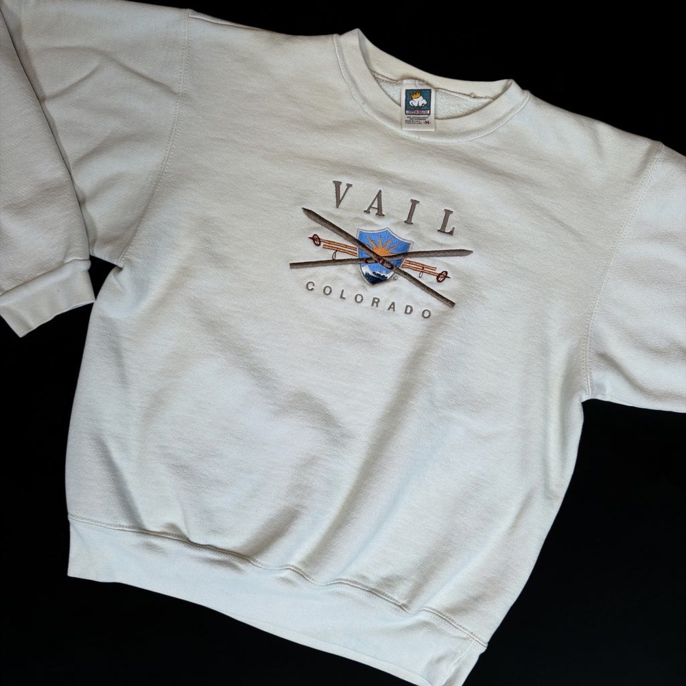 Vintage Cotton Deluxe Vail Colorado Ski Sweatshirt Cream Embroidered Mens Medium